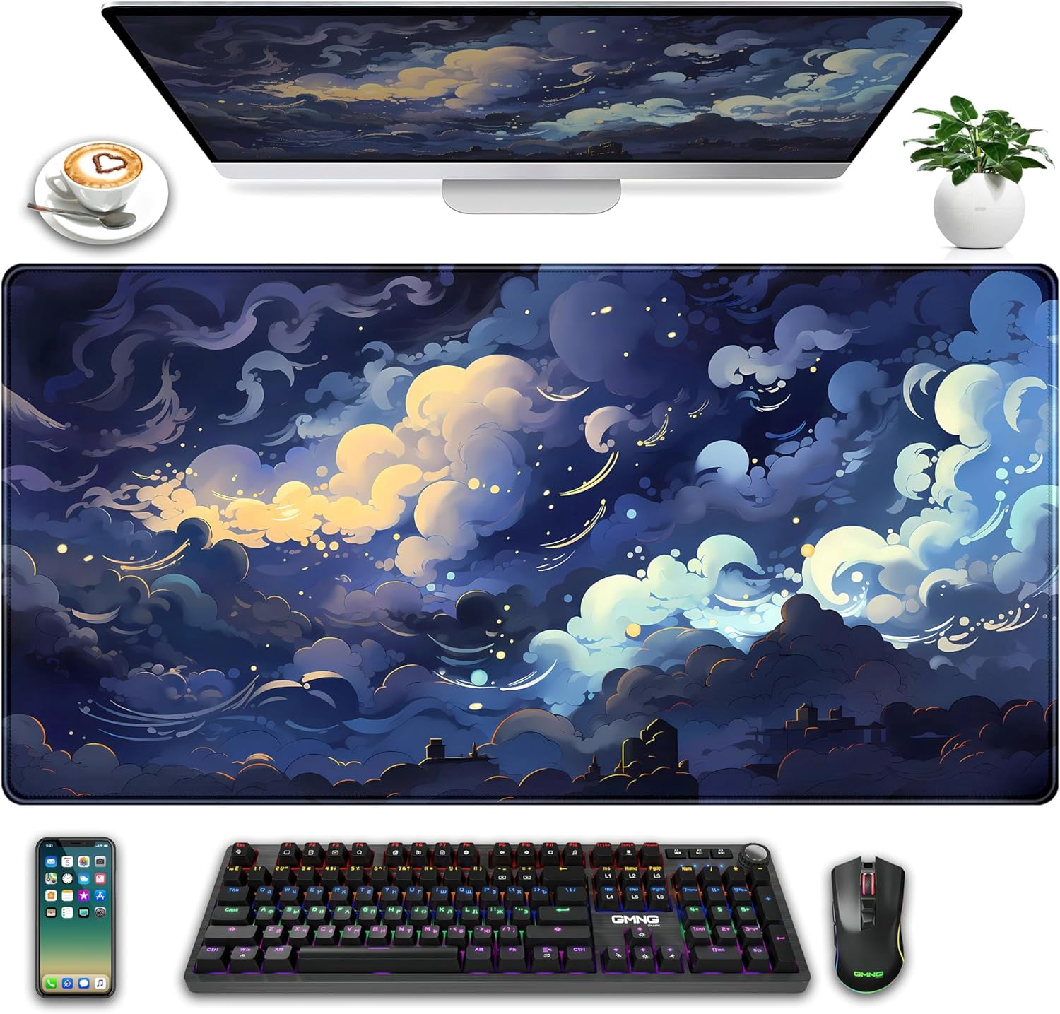 XXL Large Gaming Mouse Pad Anime Green Moon Mountains Desk Mat, Desk Decor Mousepad Computer Mat, Non-Slip Rubber Base Desk Pad, Laptop Keyboard and Mouse Mat with Stitched Edges, 31.5x15.75 in