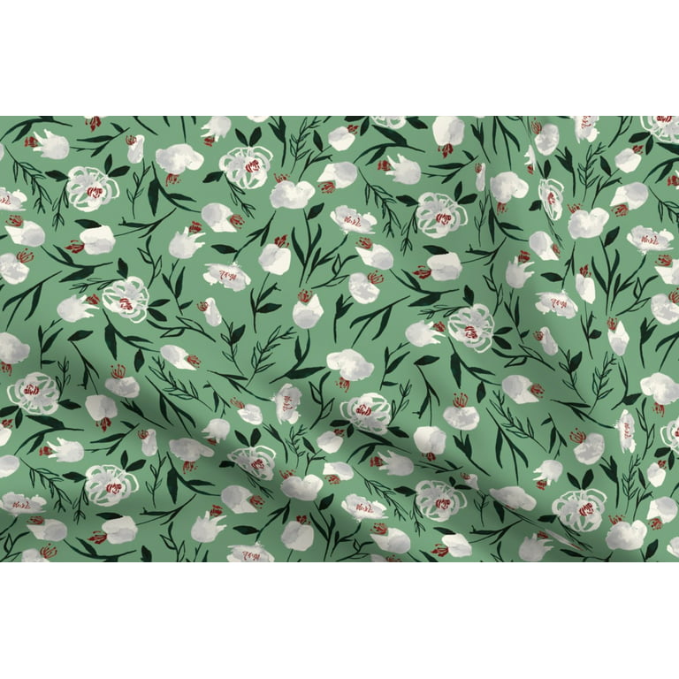 Spoonflower Fabric - Medium Festive Floral Sage Green White Watercolor  Holiday Painting Printed on Minky Fabric Fat Quarter - Sewing Quilt Backing