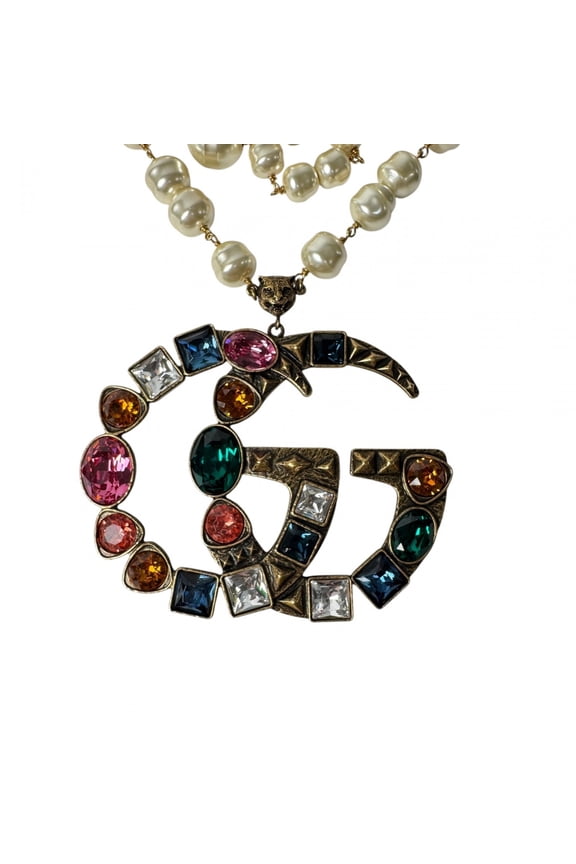 Pre-Owned Gucci GG Logo Necklace, Faux Pearl, Colored Stone, Women's