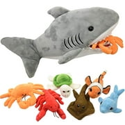 Plush Shark 15 Inch with 6 Soft Baby Sea Creatures for Hungry Great White Shark Plushie Stuffed Animal to Eat Including Crab, Lobster, Stingray, Dolphin, Turtle, & Clown Fish - Eating Shark Plush