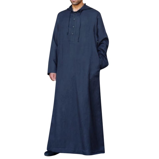 Men's All-Season Muslim Thobe - Solid Color, Button Hooded Design, Polyester Fabric, Long Robe with Pocket for Daily Wear