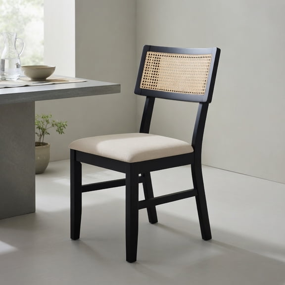 GVN Set of 2 Rattan Style Dining Chairs with Fabric Upholstered Seat, Padded Design and Rubber Wood Legs for Kitchen, Patio and Indoor Outdoor Seating, Black
