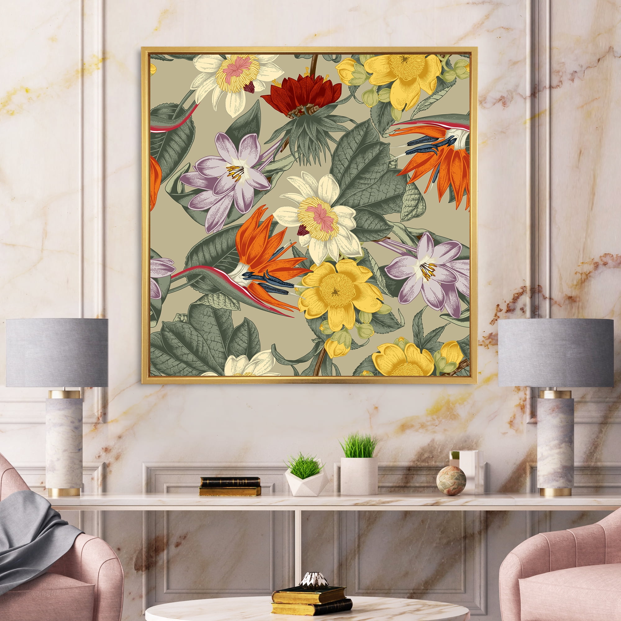 Ancient Exotic Flowers In Orange and Yellow 30 in x 30 in Framed Painting Canvas Art Print, by Designart
