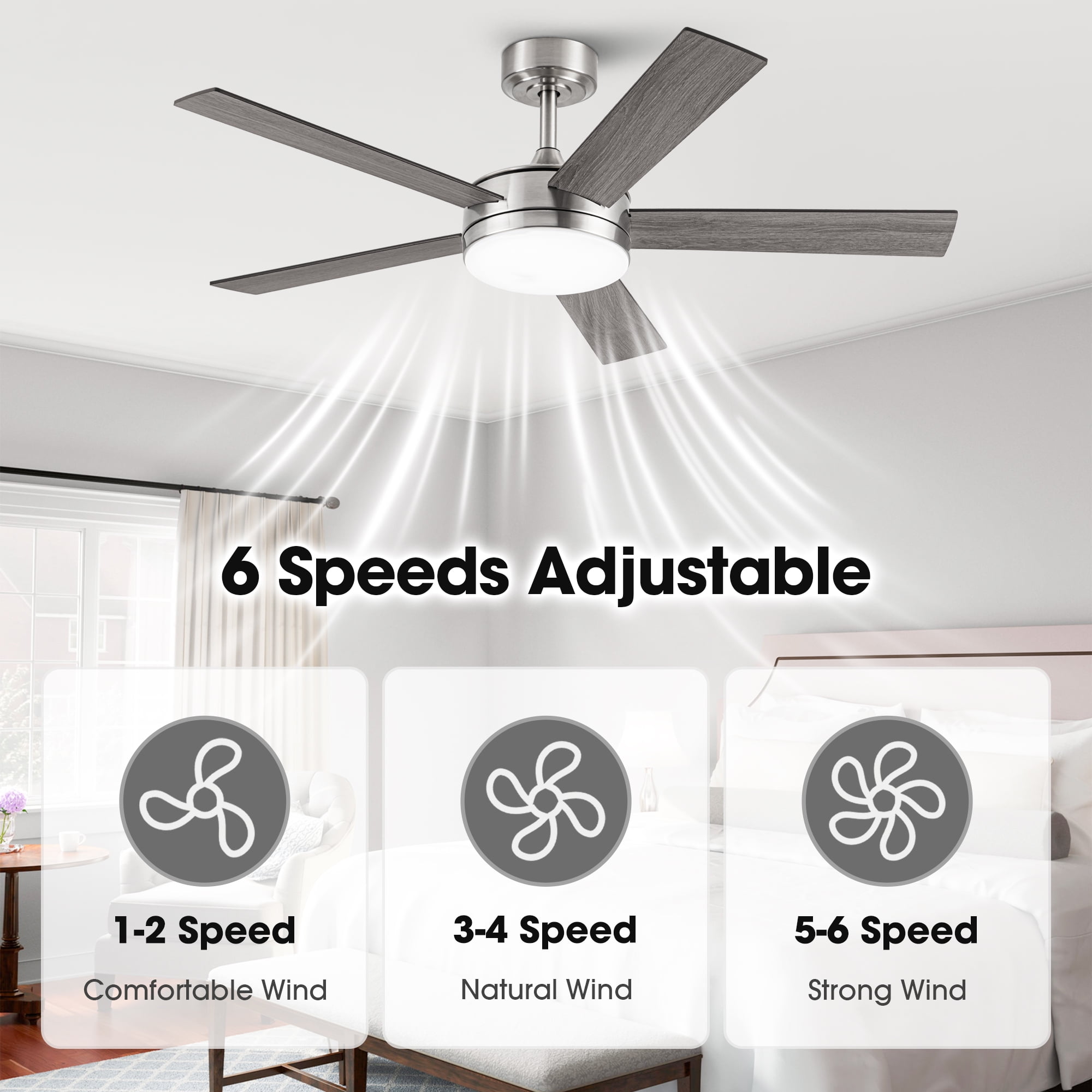Vaczon 48" Modern Brushed Nickel Smart Ceiling Fan with Light and Remote for Living Room and Dining Room