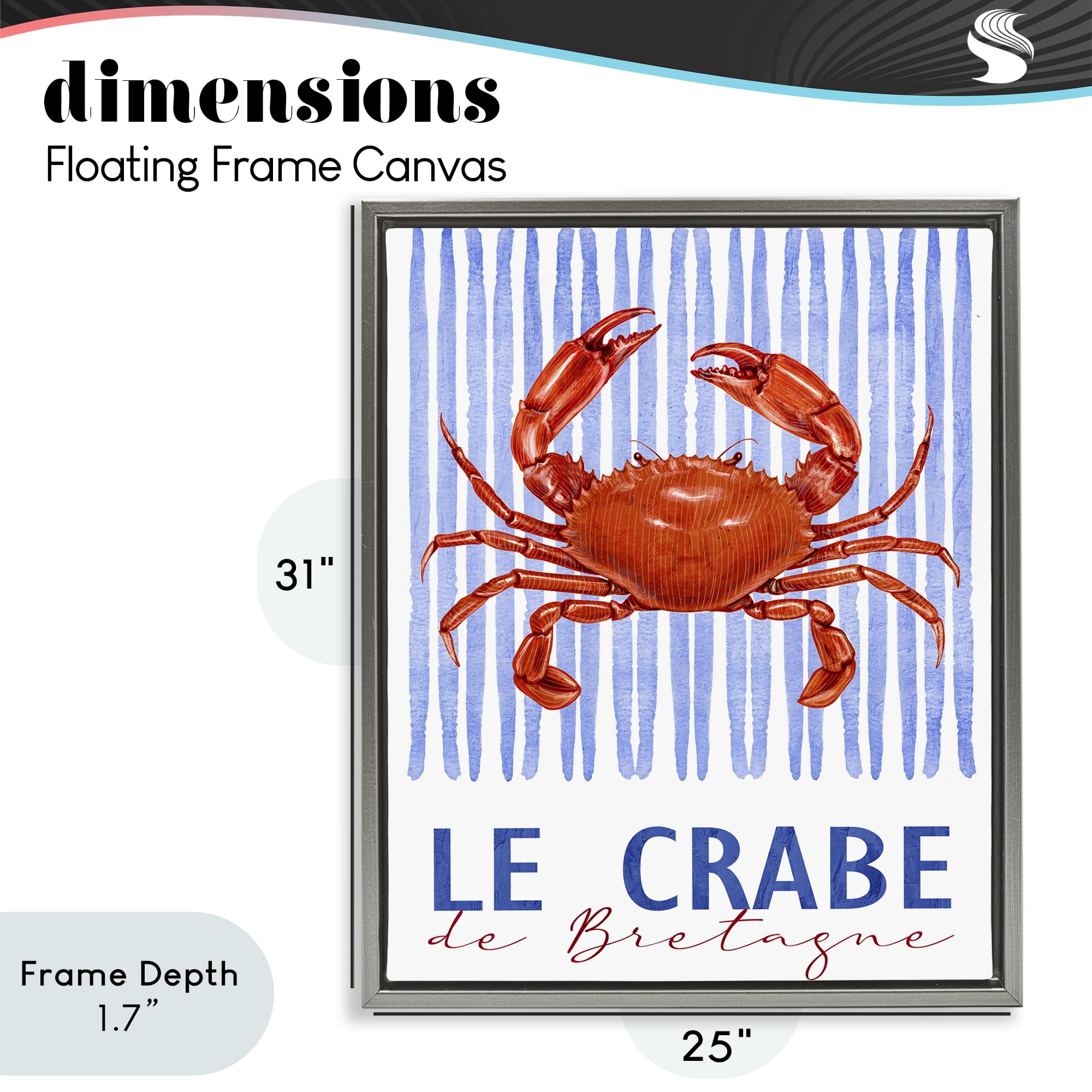 Stupell Industries Le Crabe Nautical Stripes Gray Framed Floater Canvas Wall Art, design by Kim Allen