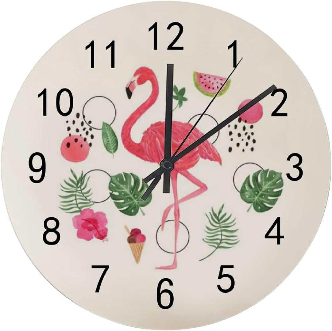 Large Numbers Wall Clock Wood Round 12 Inch Tropical Flamingo Palm