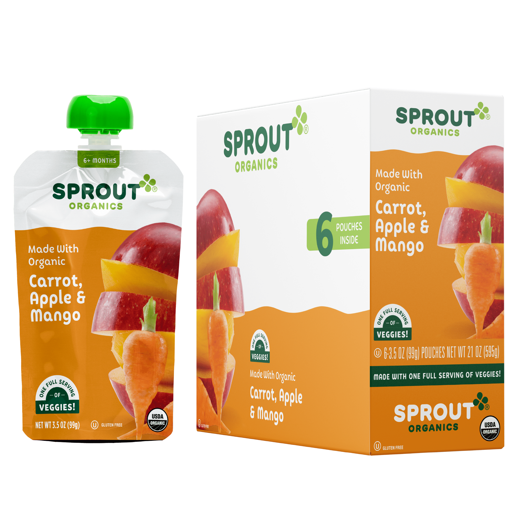 Sprout Organic Stage 2 Baby Food, Carrot Apple Mango, 3.5 oz Pouch, 6 Pack