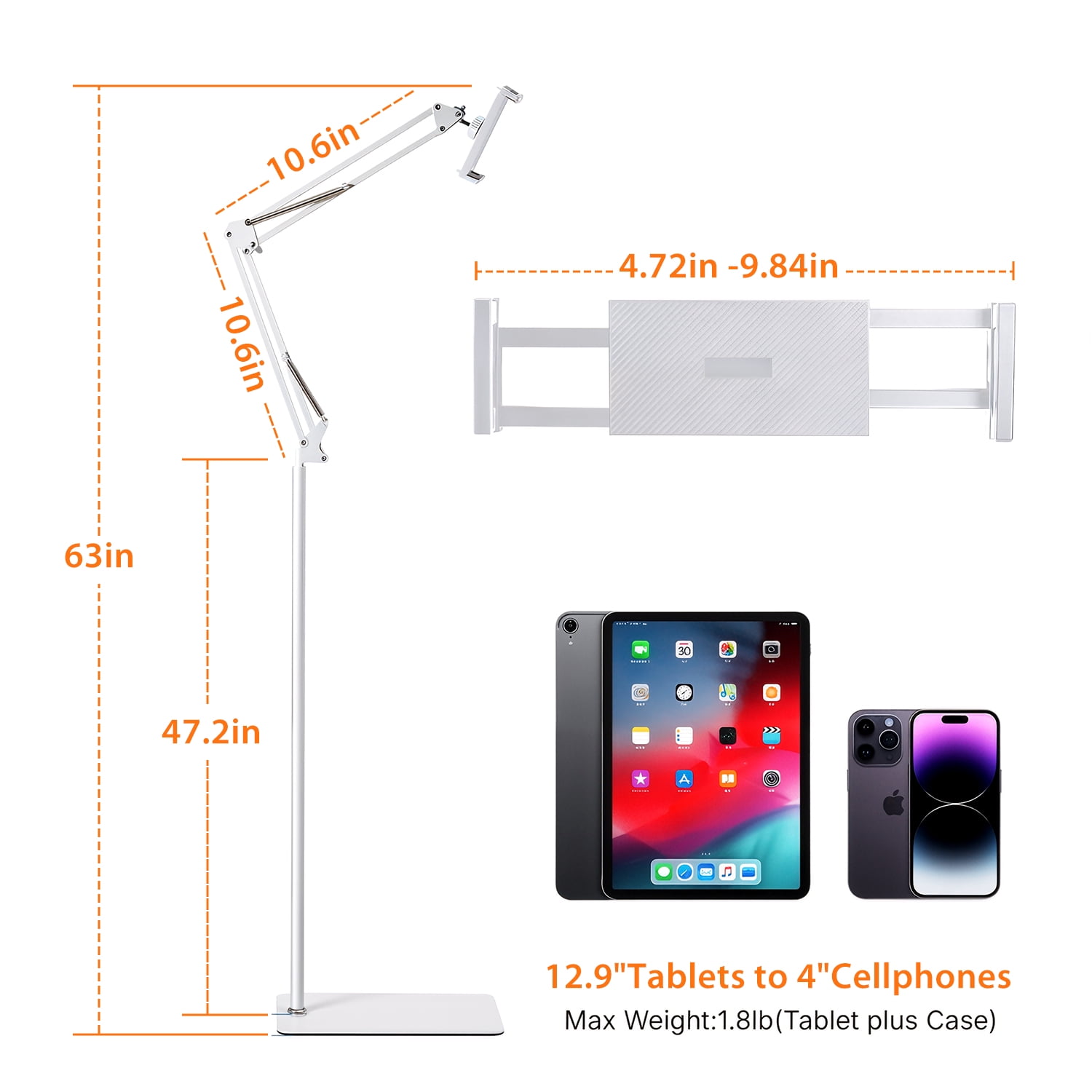 Hanru Tablet Floor Stand, 69" Height Adjustable 360-degree Rotatable Tablet Holder, Arm Stretchable Stand, Overhead Bed Phone Mount（4"~12.9''), White