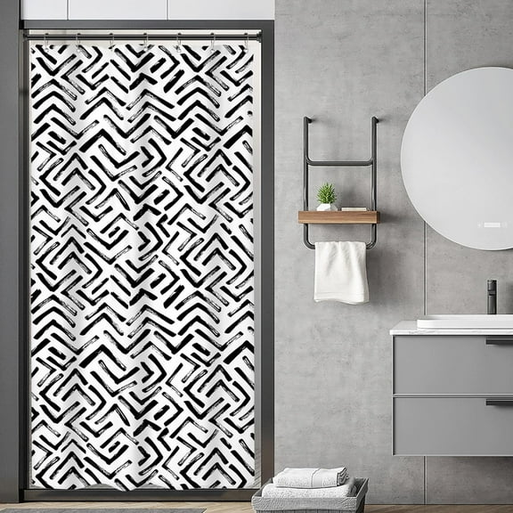 Stall Small Boho Black White Shower Curtain Half Size Bohemian Geometry Striped 36Wx72H Inch Single Narrow Tiny Walkin Stand Up Fabric Decor Bathroom Polyester Waterproof 7 Pack Hooks