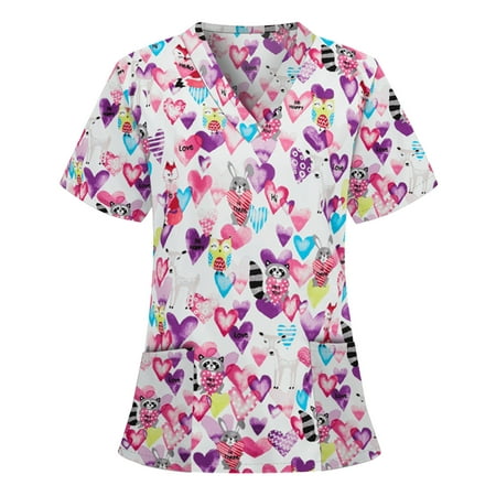 

Lookwoild Women Valentine s Day Scrubs Tops Love Heart Print V Neck Short Sleeve Medical Scrub Shirts