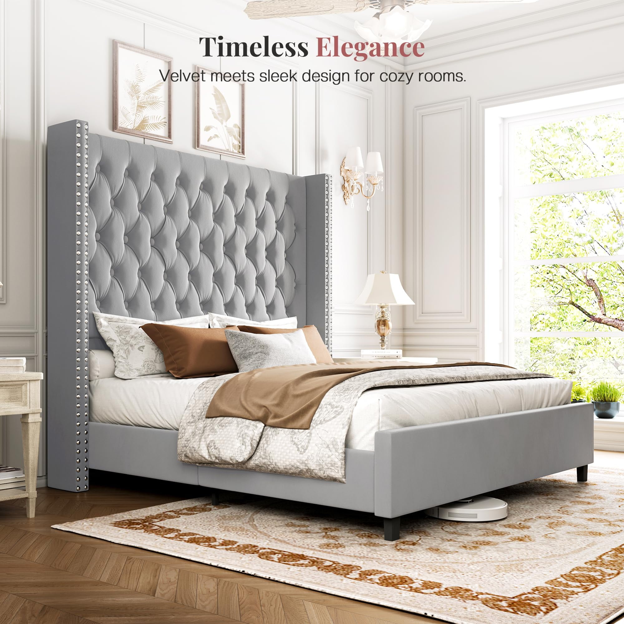 VanAcc California King Platform Bed Frame 61.4" Handmade Headboard Velvet Tall Upholstered Bed Deep Button Tufted for Bedroom, Easy Assembly, Grey
