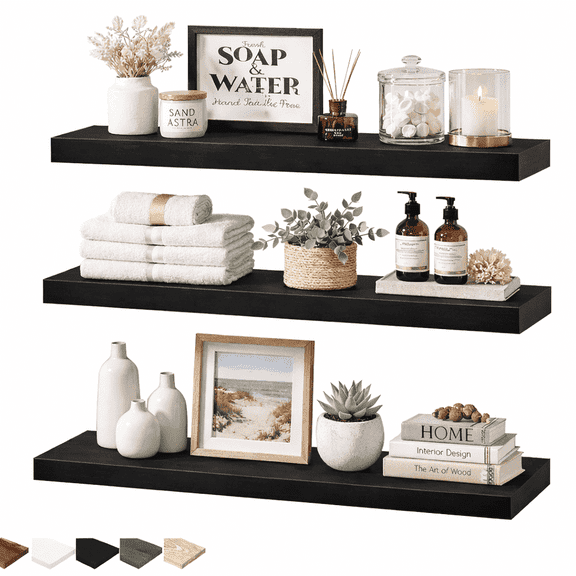Induslyfe Large Black Floating Wall Shelves, Wood Wall Mounted Shelf, Set, 22.5 x 6.7 in, Set of 3, shelf over toilet farmhouse decor