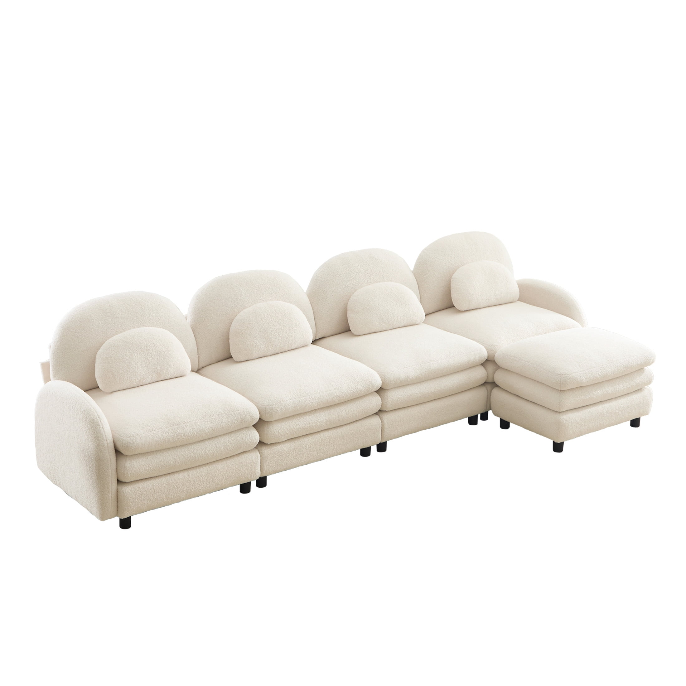 Noble House Windsor Teddy Fabric 4-Seater Sectional Sofa, Modular Cloud Couch with Ottoman and Lumbar Pillows, Beige