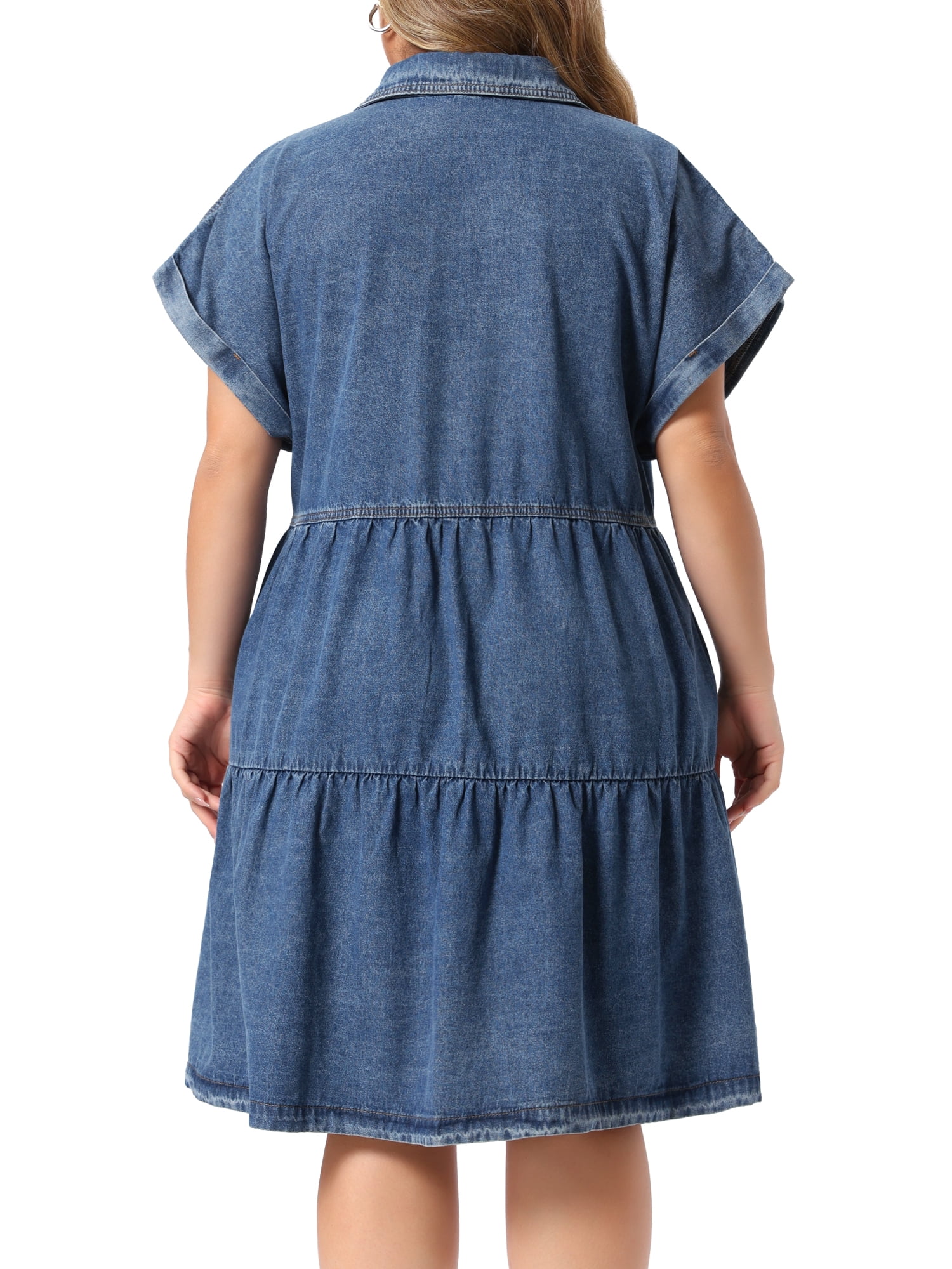 DARING DIVA Women's Plus Denim Babydoll Button Down Short Dress 1X Grey Blue