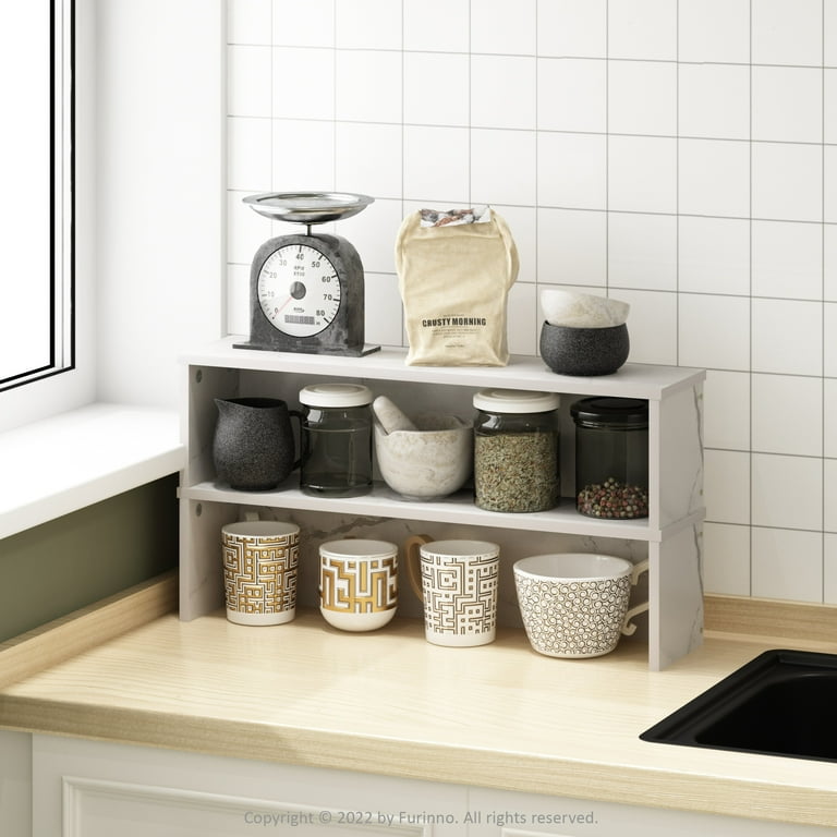 Furinno 23 in. Helena Kitchen Counter Stackable Organizer Shelf Marble White Set of 2
