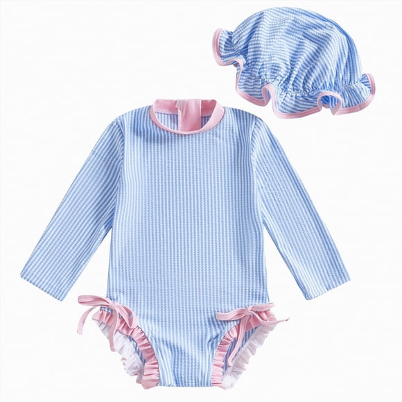 Curenmufel Long Sleeve Bathing Suits for Girls Baby Girl Swimsuit Long Sleeve One-Piece Swimwear with Hat Rash Guard Zipper Beach Infant Bathing Suit 12 18 Months (Blue,12-18 Months)