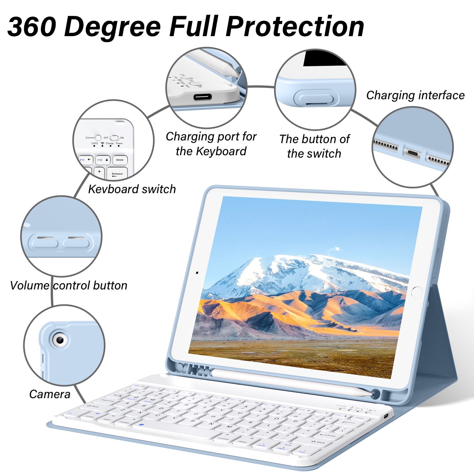 KenKe Keyboard Case for iPad 9th Generation 2021/8th Gen 2020/7th Gen 2019 10.2 Inch, Detachable Wireless Bluetooth Keyboard, Stand Folio Keyboard Cover with Pencil Holder, Auto Sleep/Wake,Light Blue