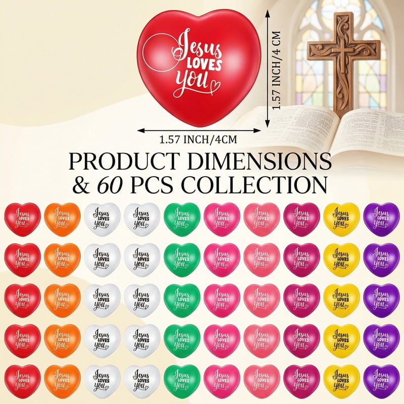 60 Pcs Jesus Loves You Heart Shaped Stress Balls,  1.57 Inch PU Foam Squishy Ball, Colorful Christian Gifts Bulk, Stress Relief Toys for Baptism Communion Religious Events Exam prep
