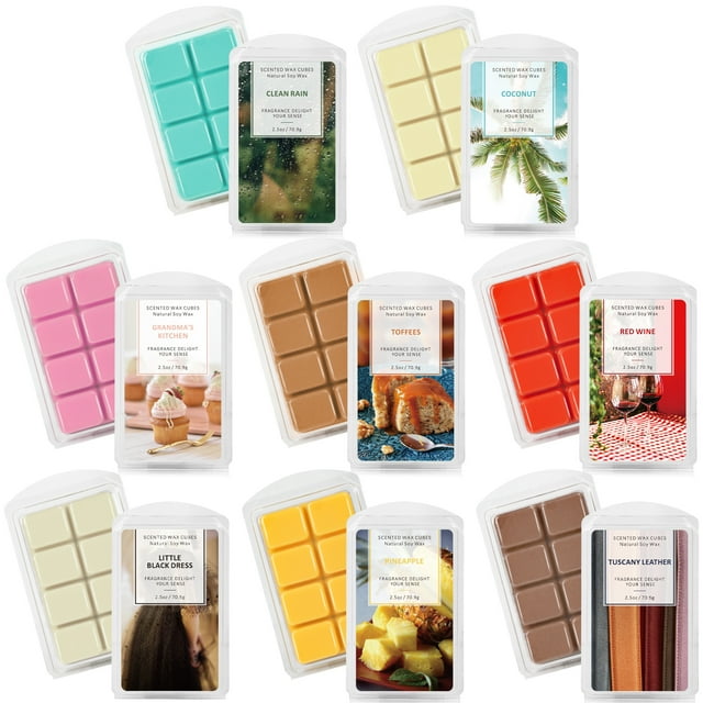 SCENTORINI Fondants de Cire Parfumés, un Lot de 8 cubes de Cire de Soya, Chacun Pesant 2,5 oz, Présentant une Variété de fragrances Incluant Clean Rain, Coconut, Grandma's Kitchen, Red Wine, Toffeees, Little Black Dress, Pineapple et Tuscany Leather. l'Image Montre un Emballage Individuel à Coquille pour Chaque Parfum, avec six cubes de Cire par Paquet, Affichés dans un arrangement Multicolore. Chaque Paquet Comprend une Étiquette avec le Nom du Parfum et un Visuel Correspondant, Tels Que Rainrops for Clean Rain et cupcakes for