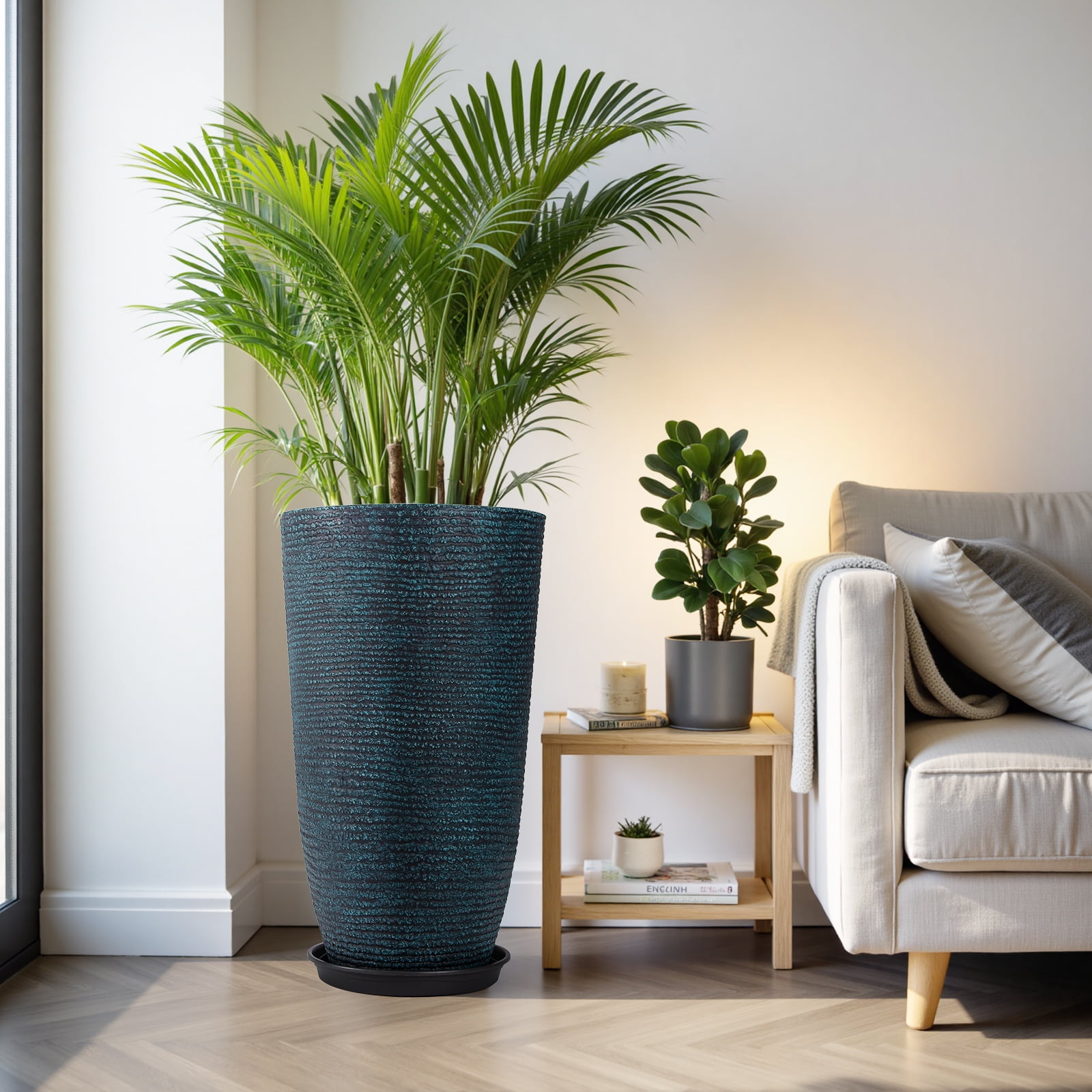 QCQHDU 21 inch Tall Planters with Saucer,2 Pack 9 Gallon Stone Round Pots for Indoor Plants,Outdoor Patio & Porch Decor, Heavy Duty Weatherproof Plant Containers,Blue