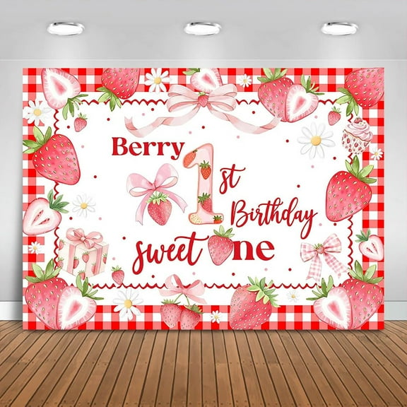 Berry 1st Birthday Backdrop Strawberry Happy First Birthday Photography Background for Girls Sweet One Party Decorations Banner Photo Booth Props