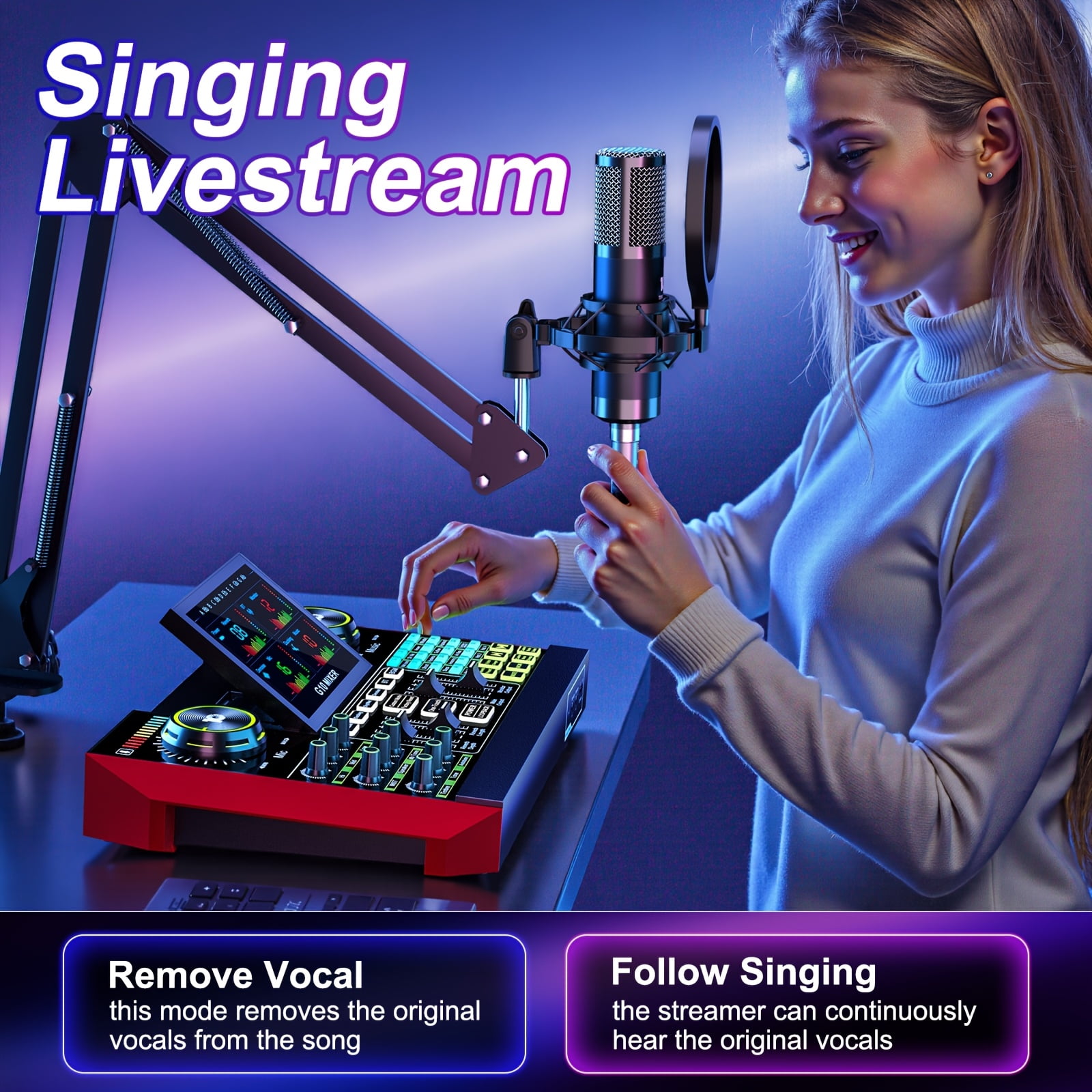 Tenlamp Podcast Kit Audio Interface Wired Microphone Mixer Pro Digital Voice Modulation 13 Channels Black 1 Pack