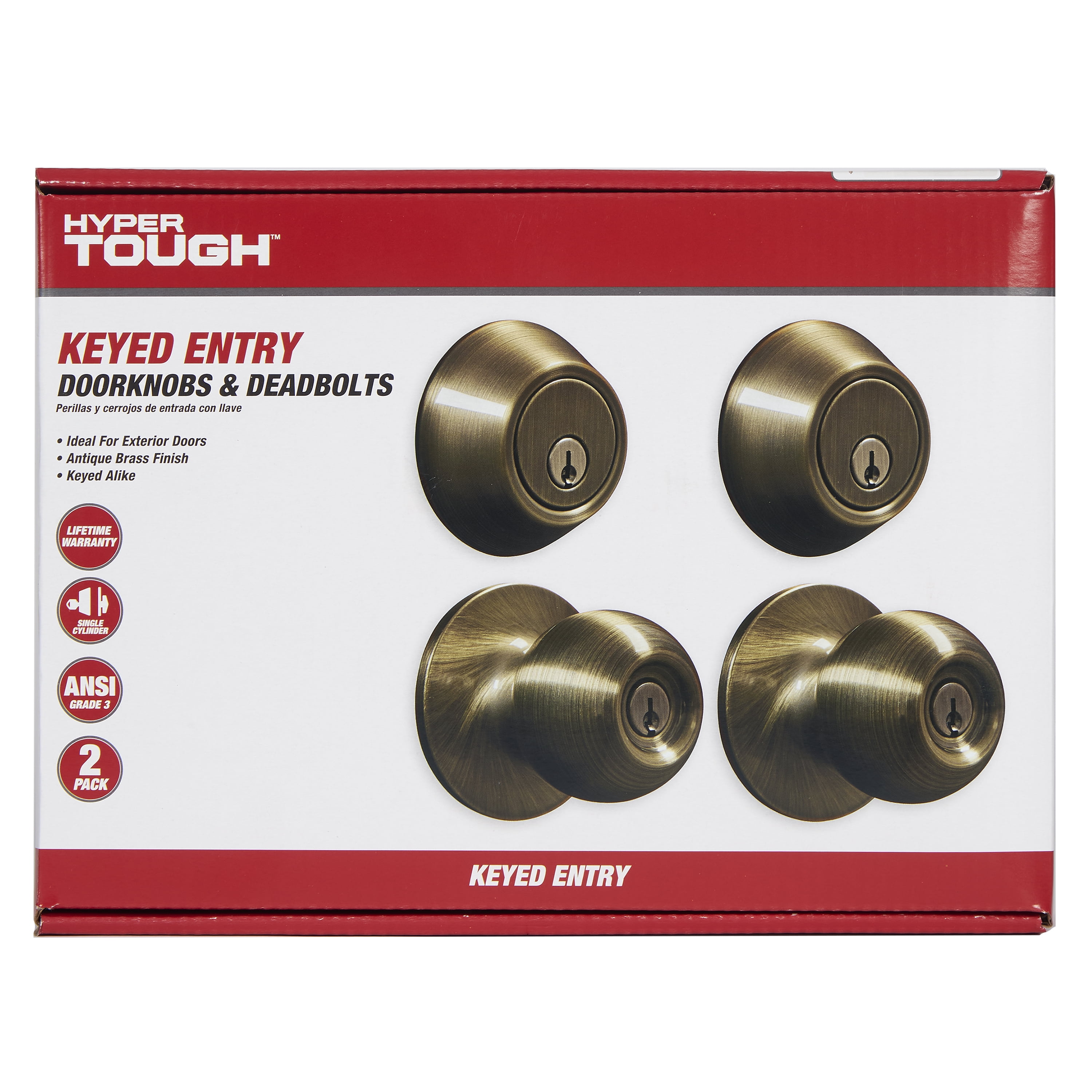 Hyper Tough Keyed Entry Ball Style Doorknob and Deadbolt Combo, Antique Brass Finish, Twin Pack