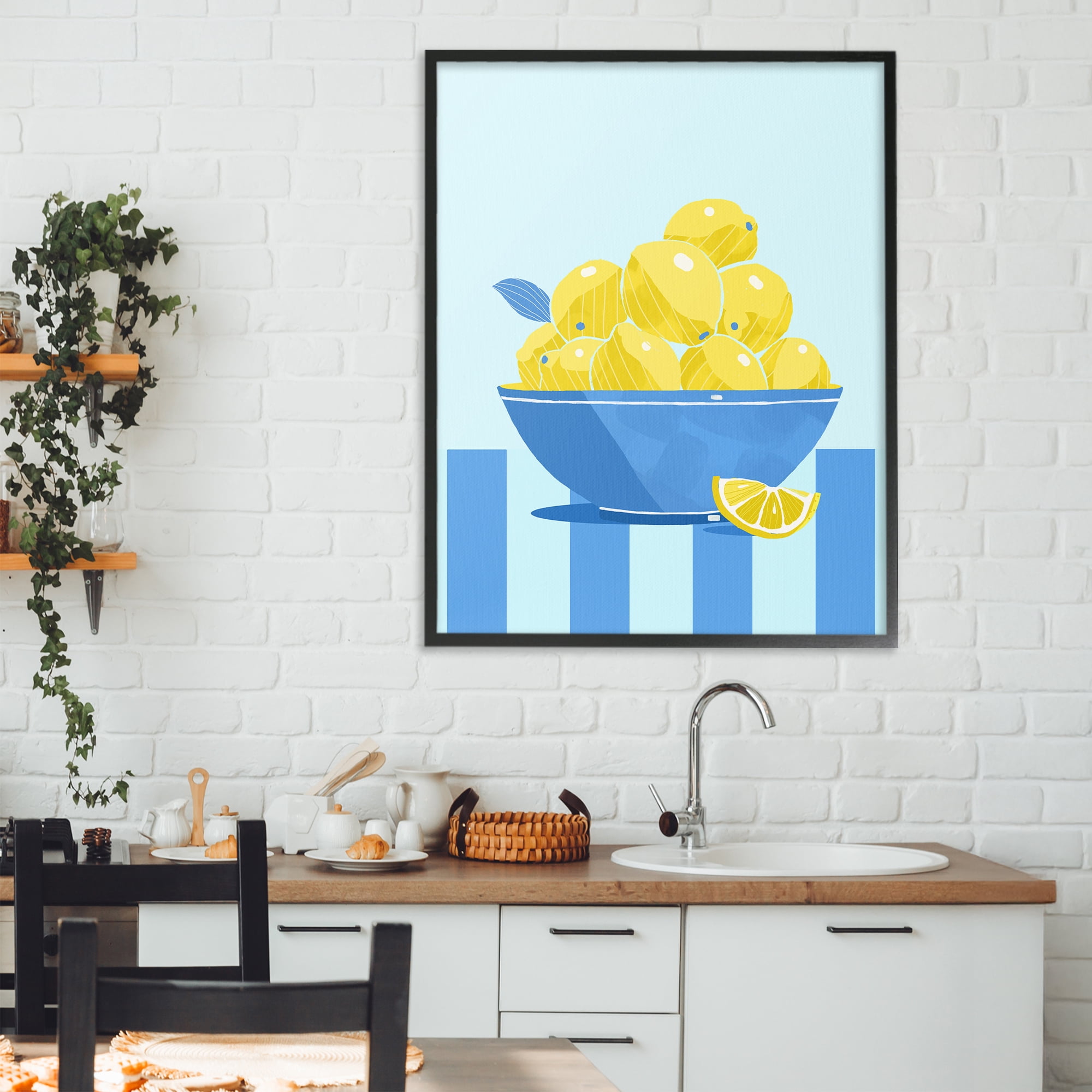 Stupell Industries Yellow Lemon Bowl Striped Black Framed Giclee Art, design by Lucca Sheppard