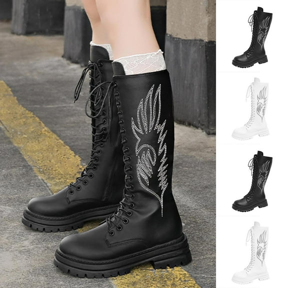 SKIYLEVZ Knee-High Boots for Women Combat Boots Winter Cold Weather Shoes for Everyday & Office Cushioned Insole Slip On Water Resistant Booties