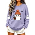 thumbnail image 4 of Women's Cute Ghost Halloween Sweatshirts Knit Beanie Graphic Crewneck Pullover Tops Long Sleeve Fall Shirts with Sleeve Prints Spooky Season Casual Clothing, 4 of 6