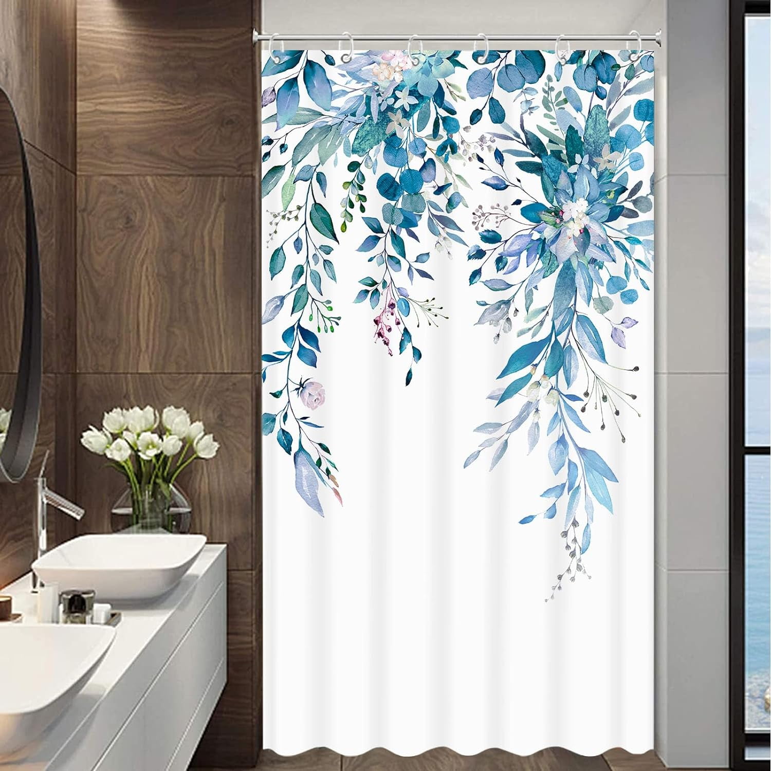 Stall Blue Eucalyptus Shower Curtain Watercolor Floral Plant Leaf Shower Curtains for Bathroom Botanical Flower Waterproof Fabric Bath Curtain Decor (Blue, 36'''' x 72'''')