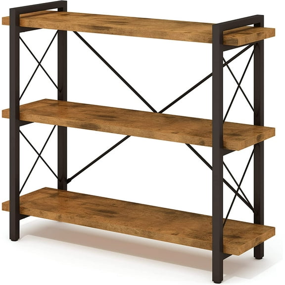 Bookshelf, 3-Tier Industrial Bookcase, Rustic Open Book Shelf, Wood and Metal Horizontal Bookshelves