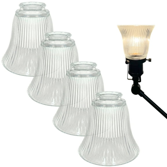 HonoDing Ceiling Fan Light Cover Set of 4, Chandelier Glass Replacement Shades, Bell Shape Clear Stripes Glass Lamp Shade for Ceiling Fan Light Chandelier Wall Sconce, Easy to Install