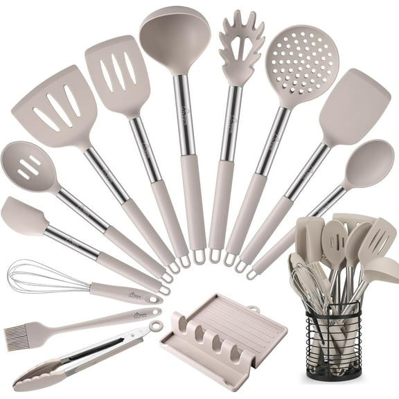 446°F Heat Resistant Silicone Kitchen Utensils, Cooking Utensil Set, Spatula BPA Free, Gadgets, With Stainless Steel Utensils Holder, Dishwasher Safe 14pcs Khaki