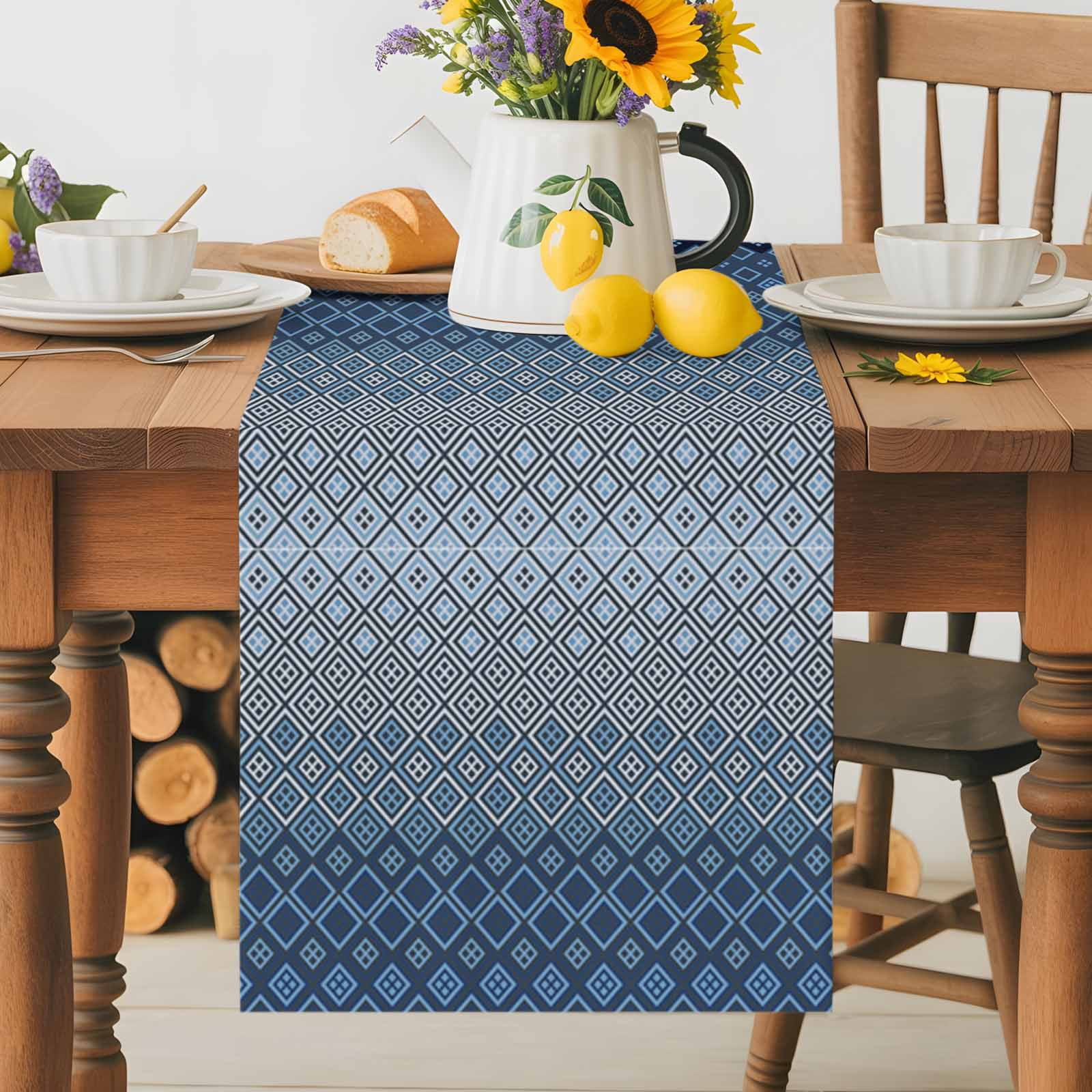 Geometric Art Diamond Checker Table Runner 90 Inches Long, Modern Blue Ombre Gradient Table Runners Tabletop Scarf Kitchen Dining Tables Decoration for Home Party Indoor Outdoor