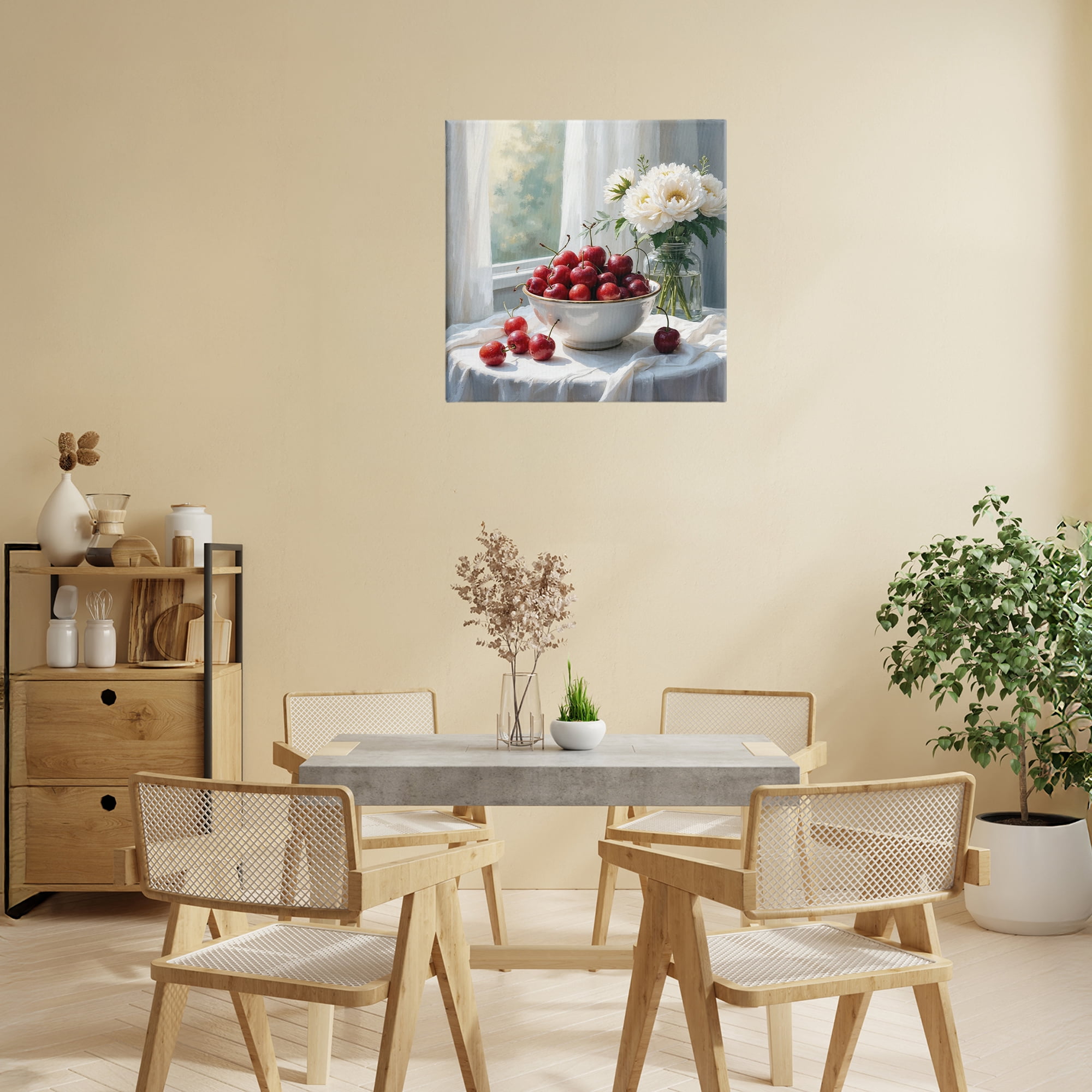 Cherries & Flowers Still Life Canvas Wall Art, design by Lettered and Lined