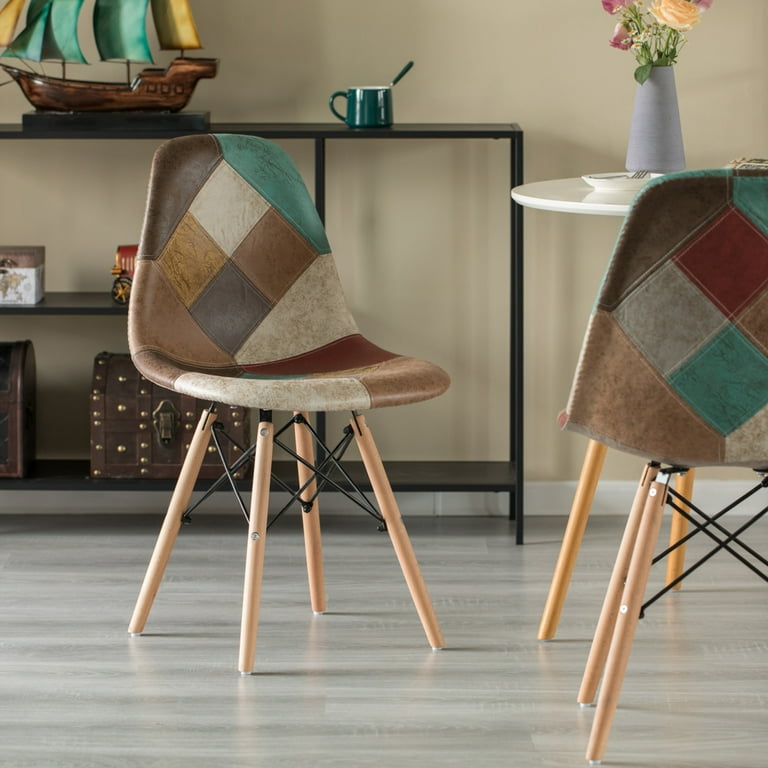 Modern Fabric Patchwork Chair with Leather and Suede Like Tones with Wooden Legs for Kitchen Dining Room Entryway Living Room Set of 2