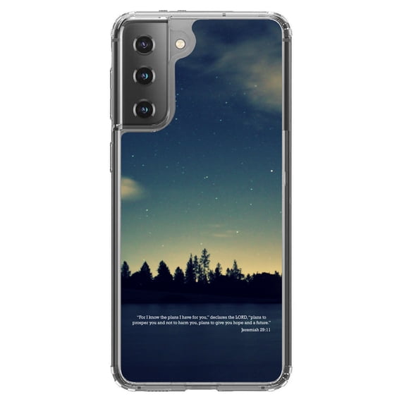 DistinctInk Clear Shockproof Hybrid Case for Galaxy S21+ PLUS 5G (6.7" Screen) - TPU Bumper, Acrylic Back, Tempered Glass Screen Protector - Night Sky Lake Jeremiah 29:11 - Love of Christ