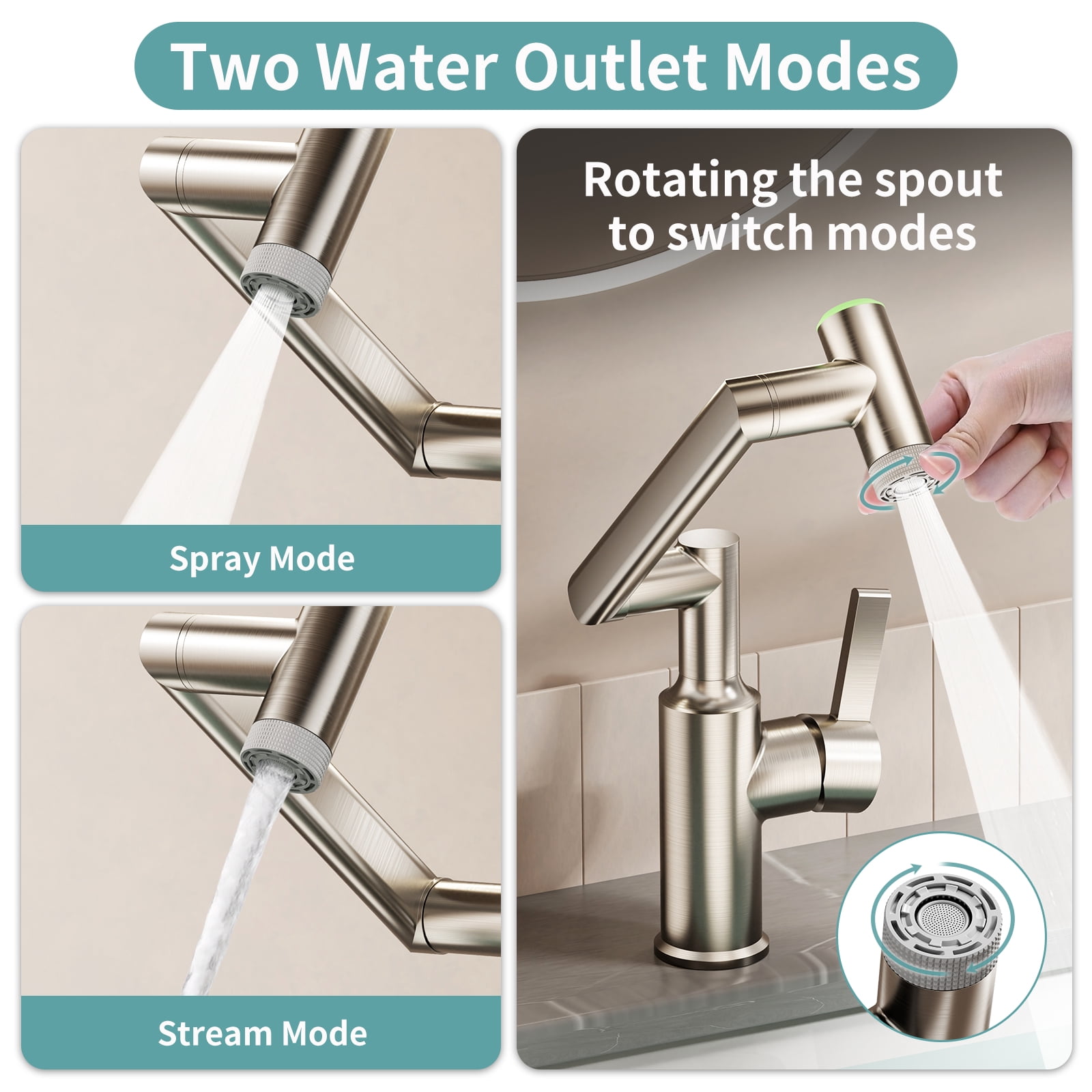 KAIYING Rotatable Bathroom Faucet with Digital Temperature Display, 1080 Degree Swivel Single Handle Sink Tap with 2 Spray Modes, Brushed Nickel