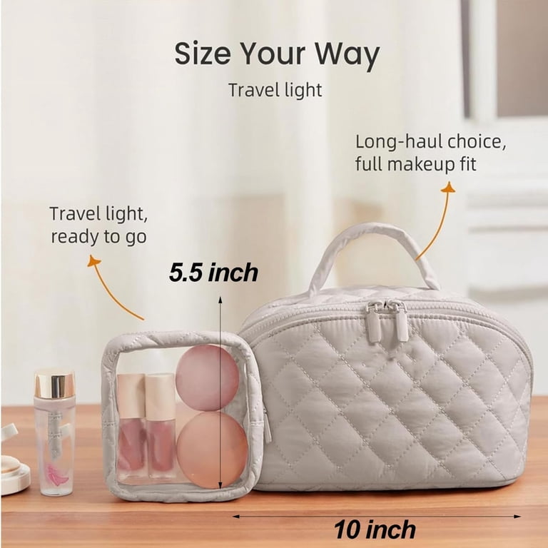 Quilted Puffer Lay Flat Cosmetic Bag Set - Waterproof Travel  display picture 2