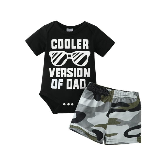 Kucnuzki Newborn Baby Boys Summer Outfits 6-12 Months Casual Clothing Sets Short Sleeves Letter Print Romper Top Camouflage Print Shorts Sets 2pcs Black