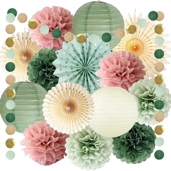 Sage Green & Dusty Pink Party Decorations, Tissue Pom Poms, Lanterns & Fans for Baby Shower, Wedding, Birthday
