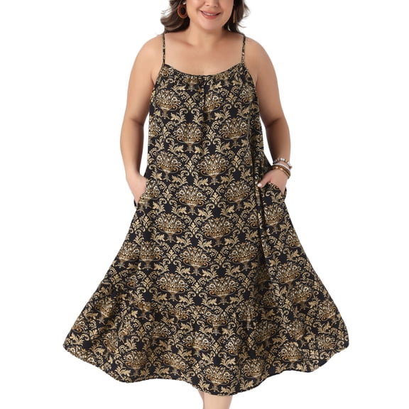 Agnes Orinda Women's Plus Size Easter Sundress Boho Print Dress Spaghetti Strap Swing Flowy Beach Summer Vacation Maxi Dresses with Pocket 1X Black