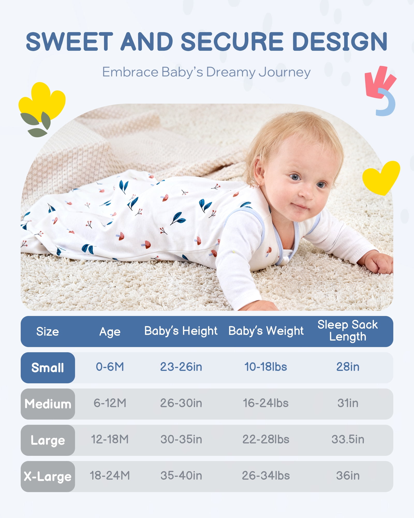 Baby Sleep Sack 0-6 Months, 100% Organic Cotton Wearable Blanket for Babies, 2-Way Zipper TOG 0.5 Lightweight Breathable Baby Sleeping Bag, 4 Sizes-S Animal&Plant&White