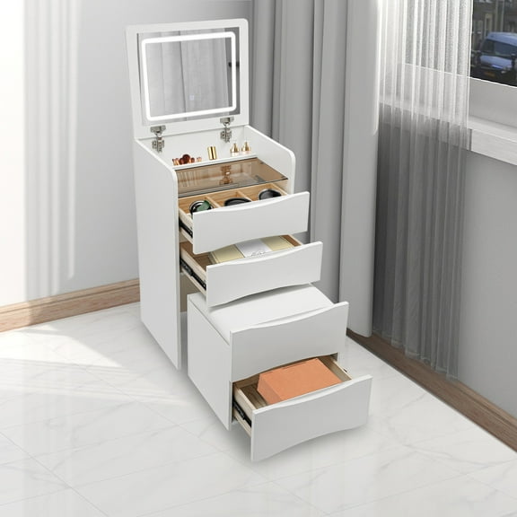 Flip Top Vanity Desk with Stool, 18.9in Wide White Makeup Table, 3-Color LED Mirror & 3 Drawers, Space-Saving for Bedroom and Dorm