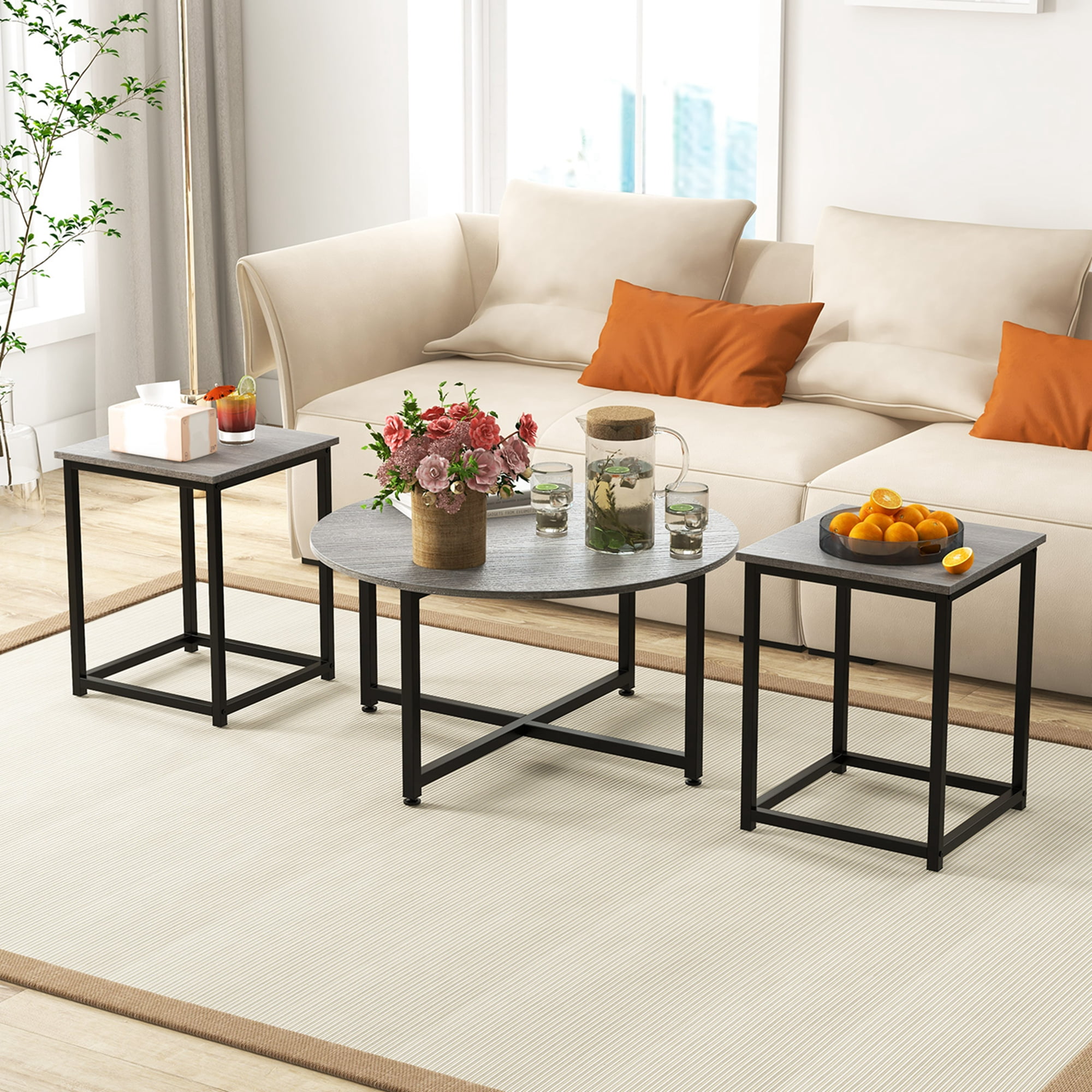 Costway 3 PCS Coffee Table Set Round Coffee Table and 2 PCS Square End Tables Metal Frame Gray