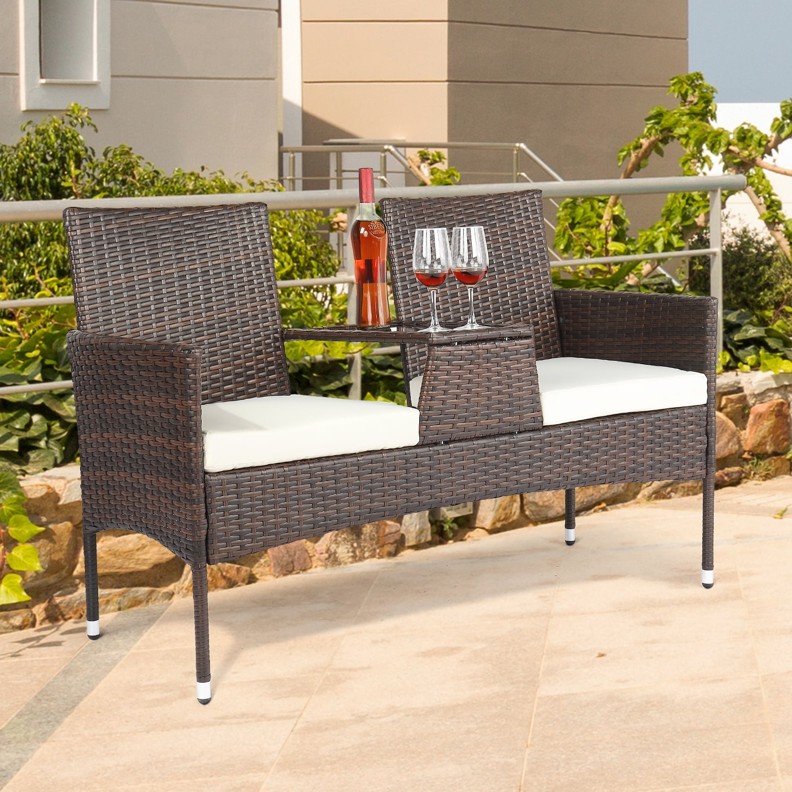 Outdoor Patio Loveseat with Buildin Table, PE Rattan Loveseat Table