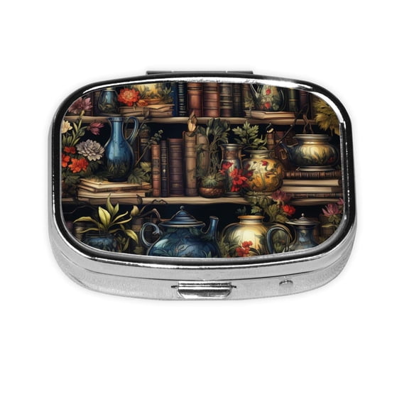 Library Books Magic Cool Square Pill Box 2 Compartment Pill Case Medicine Organizer Decorative Gift for Purse Pocket