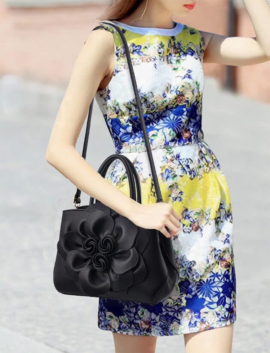 Kwuty Tote Top-handle Handbags for Women 3D Floral Purse PU Leather Hobo Crossbody Shoulder Bag Satchel