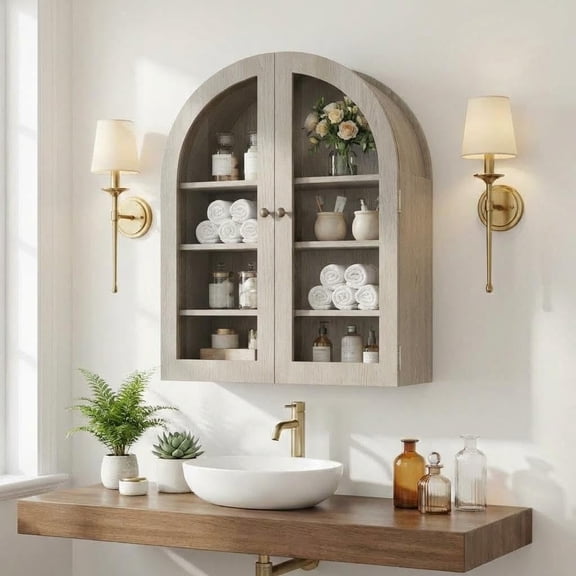 Arched Wall Cabinet, Large Wood Bathroom Medicine Cabinet Wall Mounted Cupboard, Modern Floating Storage Cabinet withGlass Doors & Adjustable Shelves, Wood Organizer